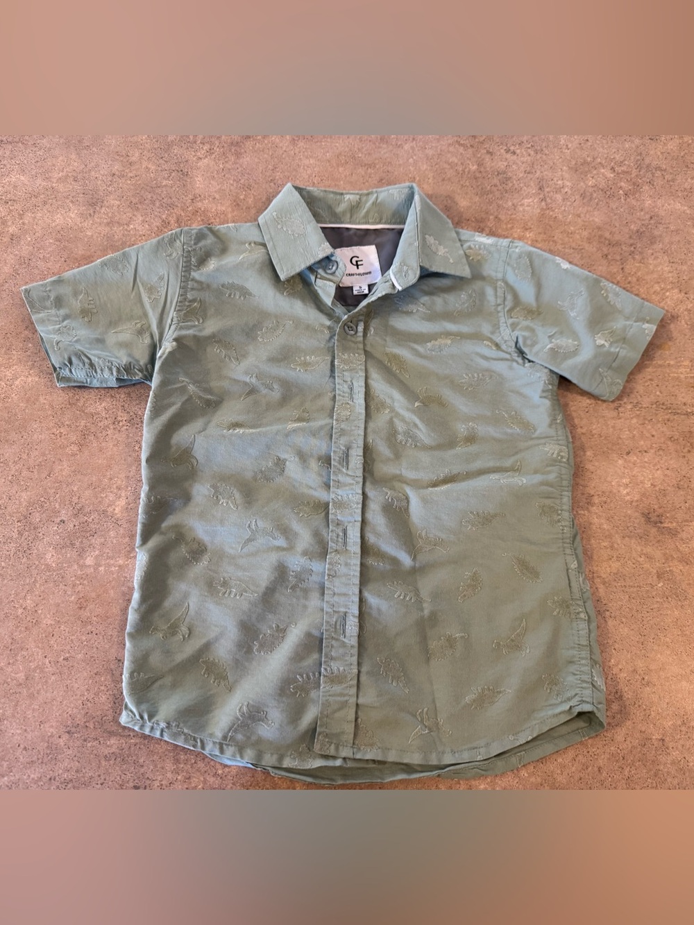 Craft + Flow Sage Green Short Sleeve ButtonDown Shirt Dinosaur Print Boys 5